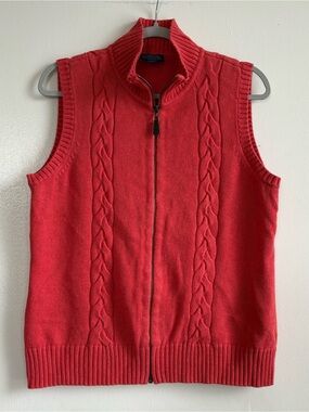 Pendleton Red 100% Cotton Cable Knit Full Zip Mock Neck Sweater Vest Women L